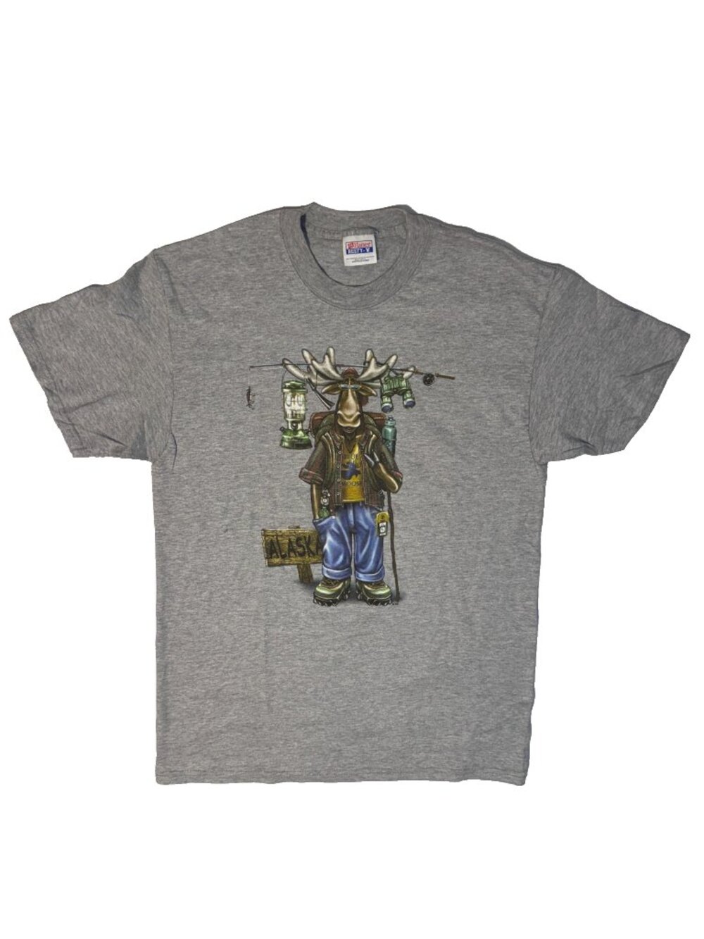 Vintage 90s Alaska Moose Travel Fishing Tshirt - M Gray Hanes Beefy T